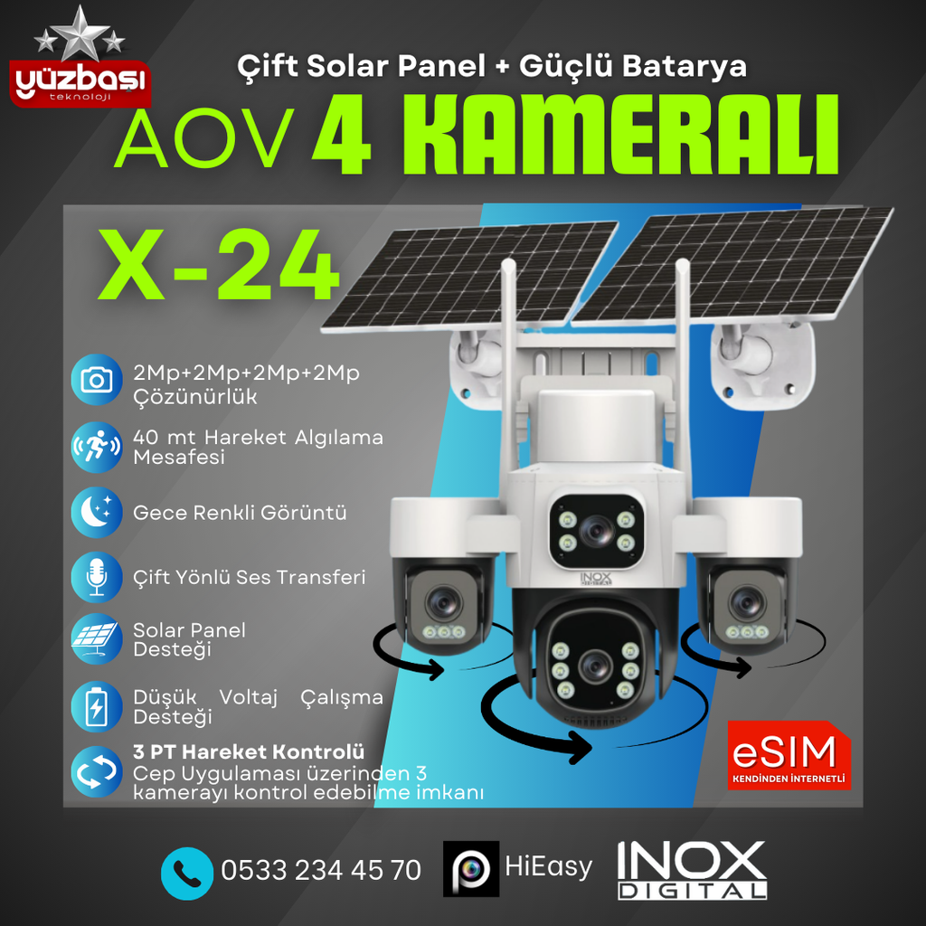 INOX Digital X24 SIM Kartlı 4 Kameralı Güneş Enerjili Kamera